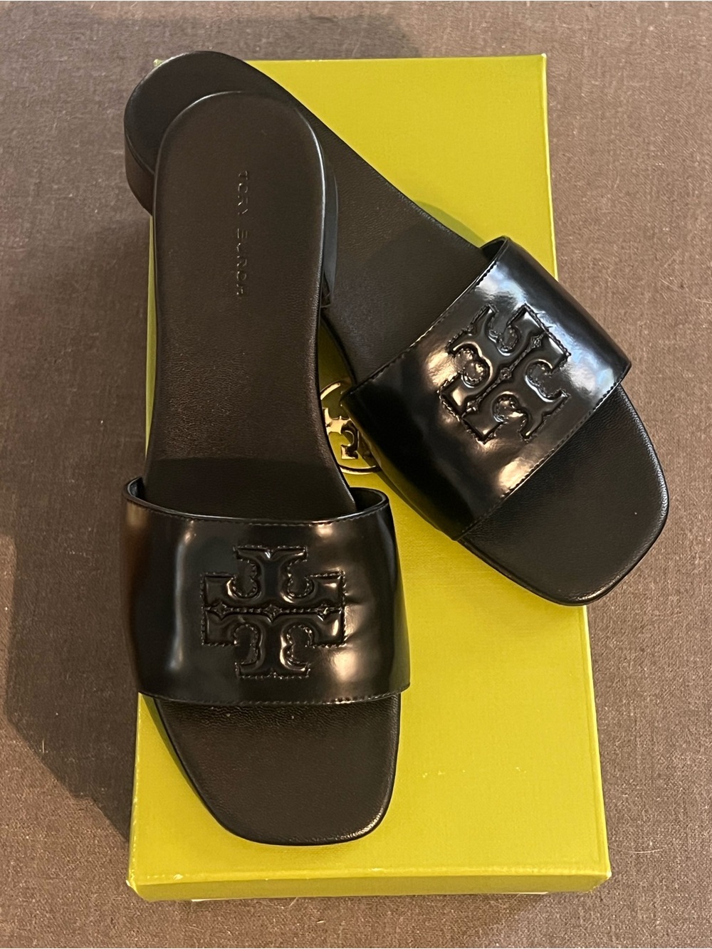 Tory Burch Black Patent Logo Slide Sandals